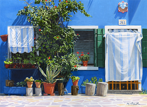 An oil painting of a blue house on Burano, Venice, Italy by Margaret Heath.